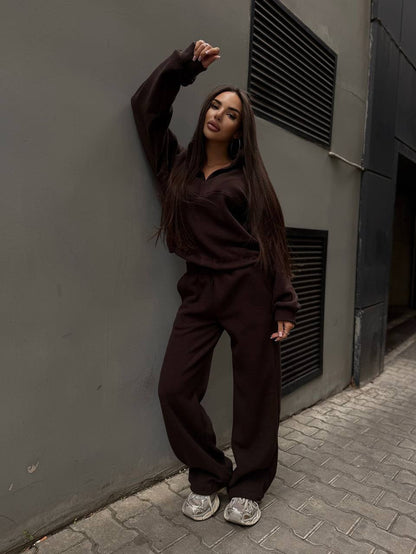 Damen Fleece-Jogginganzug Stehkragen Reißverschluss Eveloria