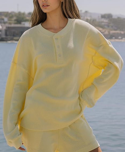 Damen Langarm-Pullover Lässig Knopfdetails Grau Eveloria