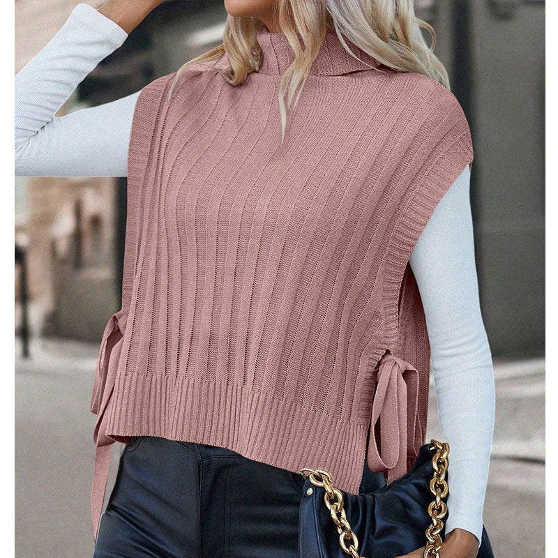 Damen Stricktop Kurzarm Rollkragen Schleifen Details Beige - Eveloria