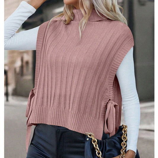 Damen Stricktop Kurzarm Rollkragen Schleifen Details Beige - Eveloria