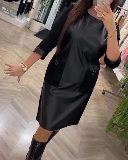 Damen Lederkleid Elegantes Design Reißverschlusstaschen