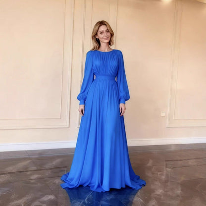 Damen Langkleid mit Taillenband und Ballonärmeln Eveloria