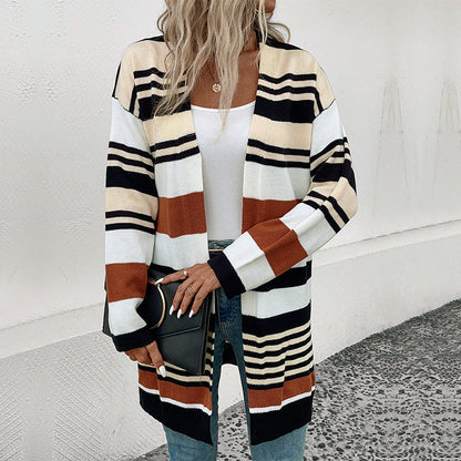 Damen Strickcardigan Weite Ärmel Streifen Muster Eveloria