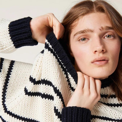 Damen Streifenpullover Grobstrick weiß Eveloria