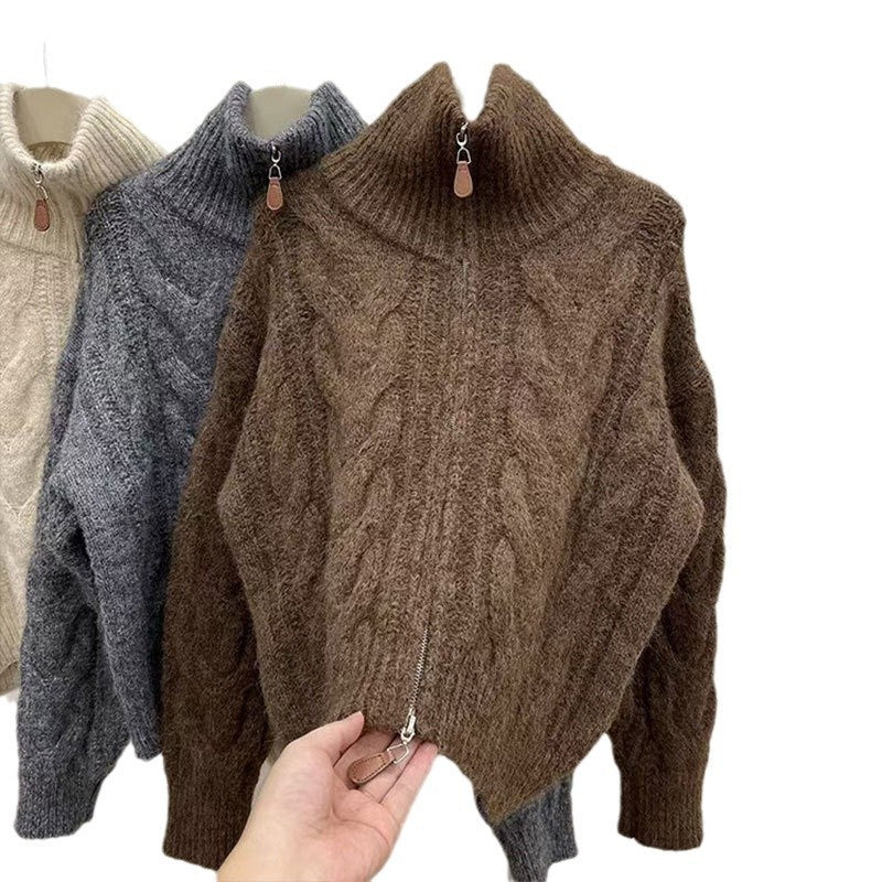 Damen Grobstrickpullover Hochkragen Dekorativer Reißverschluss