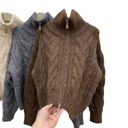Damen Grobstrickpullover Hochkragen Dekorativer Reißverschluss