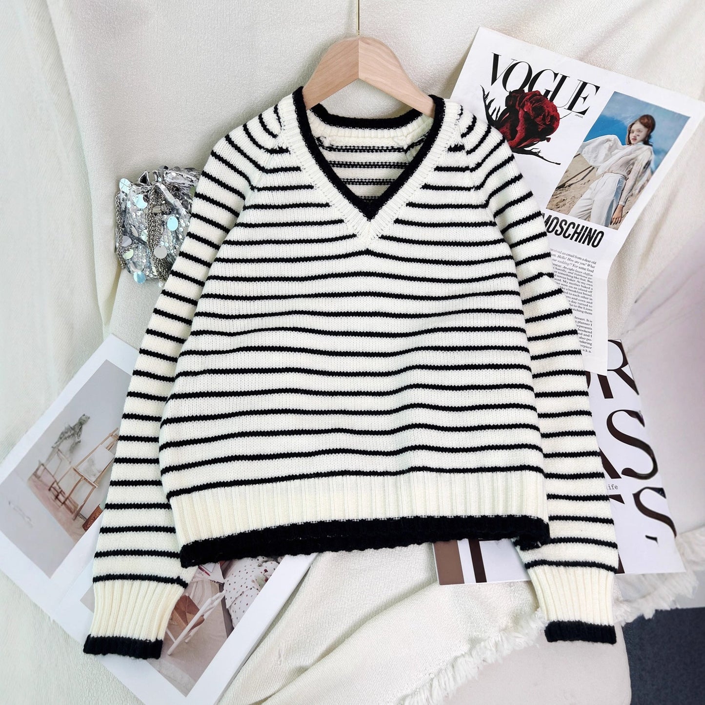 Damen Pullover V-Ausschnitt Streifen Lässig Beige