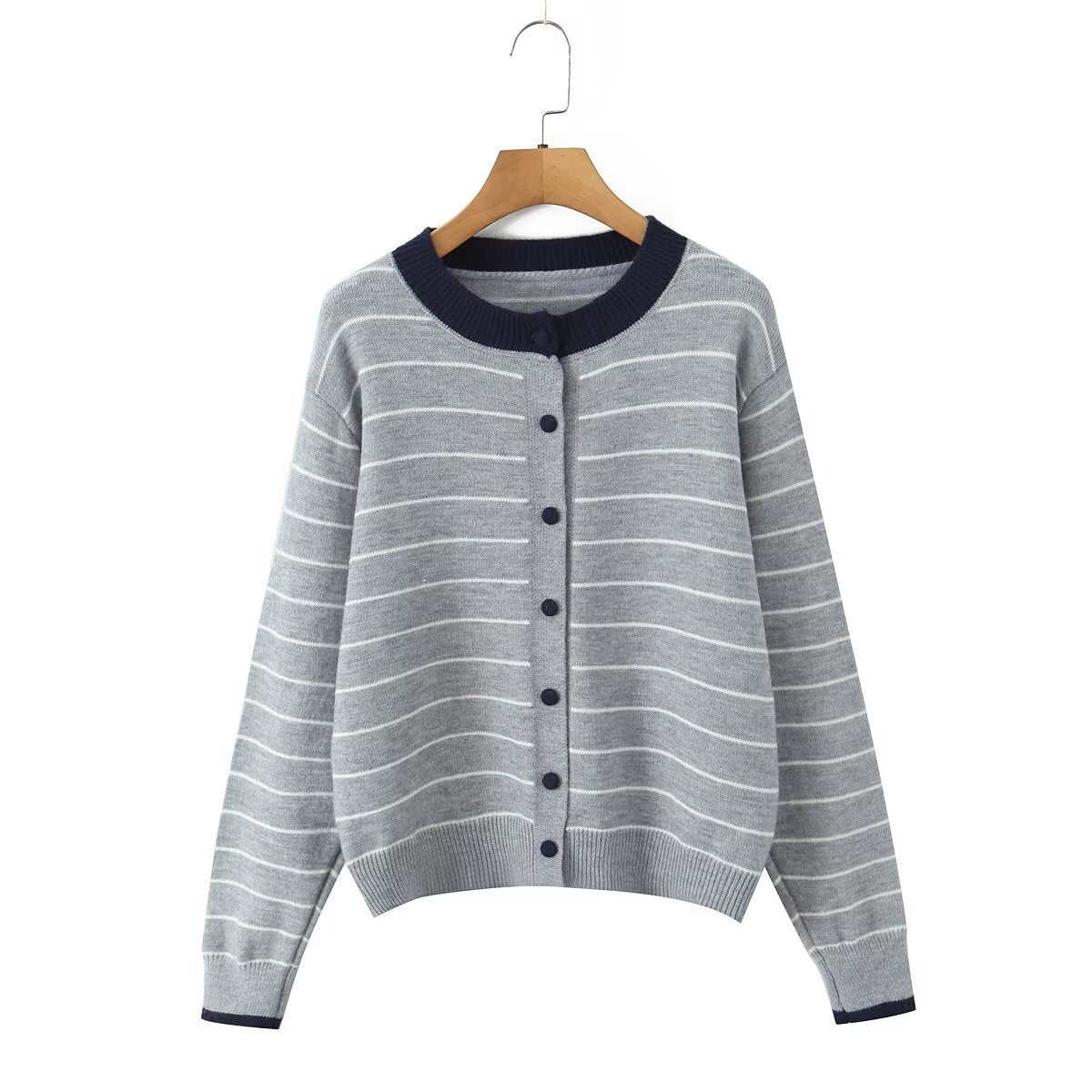 Damen Strickjacke Gestreift Rundhals Knöpfe Eveloria