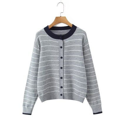 Damen Strickjacke Gestreift Rundhals Knöpfe Eveloria