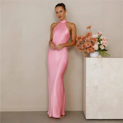 Damen Satin Maxikleid Hochkragen Körpernah Eveloria