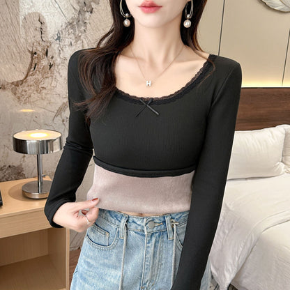 Damen Langarmshirt Spitzendetail Elegantes Oberkleid