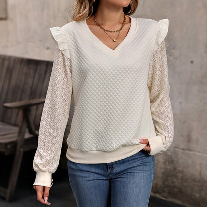 Damen Pullover Spitzenärmel Waffelmuster Grau Eveloria - Eveloria