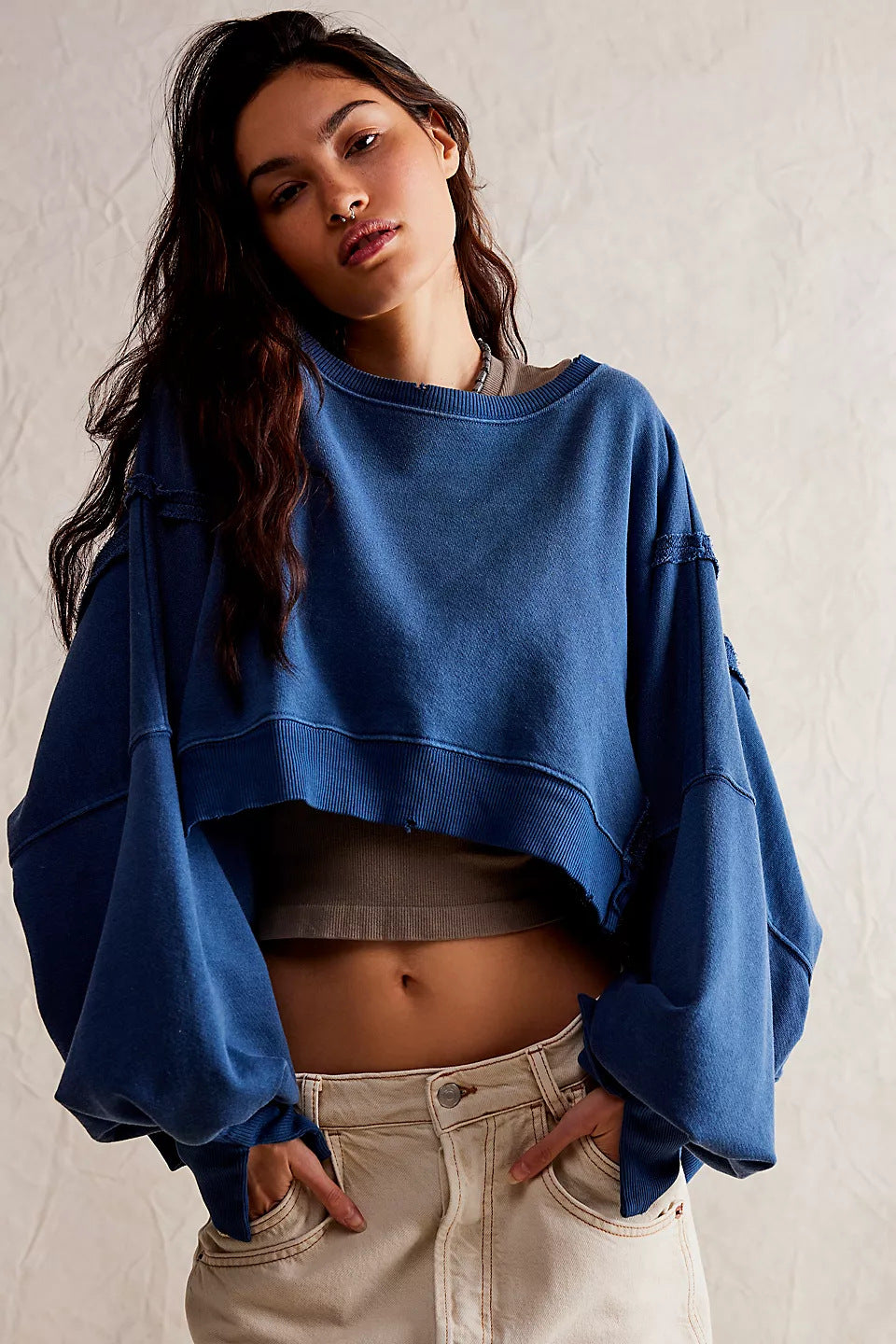 Damen Cropped Sweatpullover Weite Ärmel Grau Eveloria