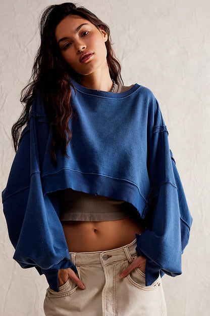 Damen Cropped Sweatpullover Weite Ärmel Grau Eveloria