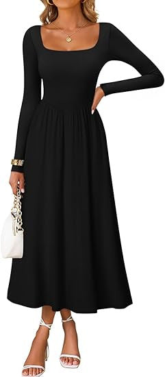 Damen Midi-Kleid mit Quadratausschnitt und langen Ärmeln Eveloria
