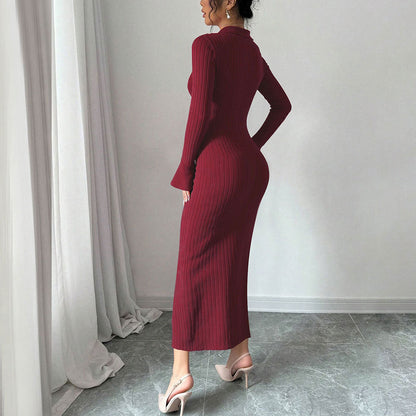 Damen Maxikleid Figurbetont Polokragen Knopfleiste Eveloria