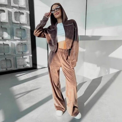 Damen Velours Loungewear Set Kurz Hoodie Weites Bein