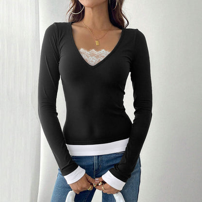 Damen Langarmshirt V-Ausschnitt mit Untertop Eveloria