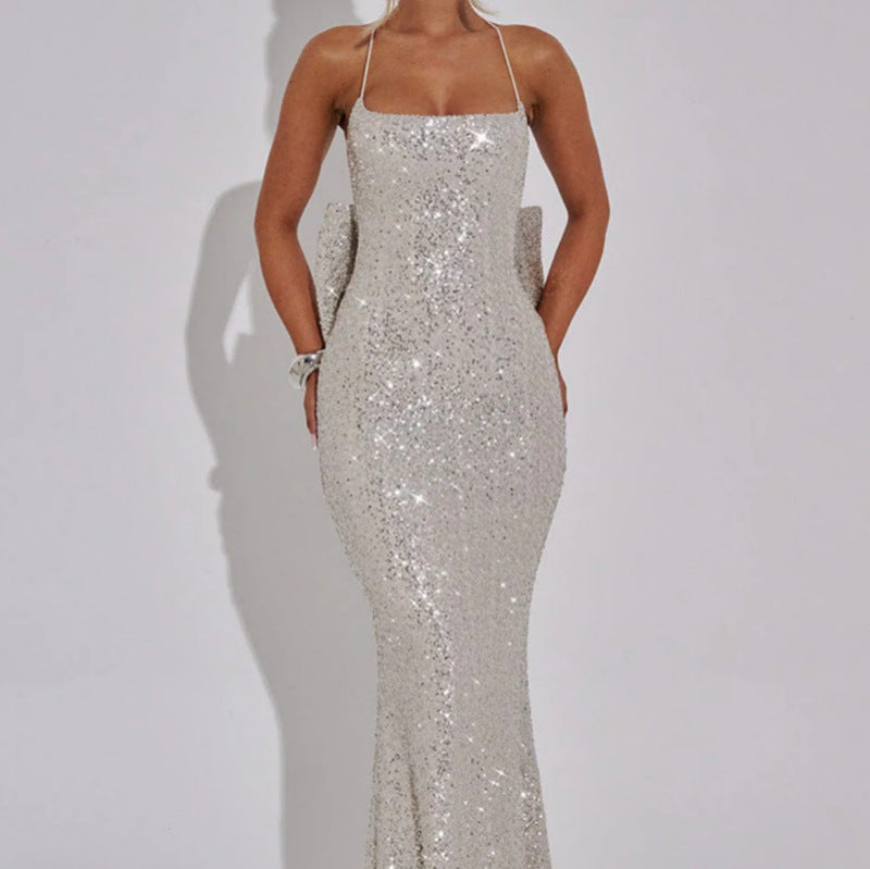 Damen Abendkleid mit Pailletten und Trägern Schwarz - Eveloria