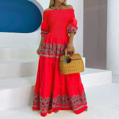 Damen Maxikleid Schulterfrei Stickerei Boho-Stil