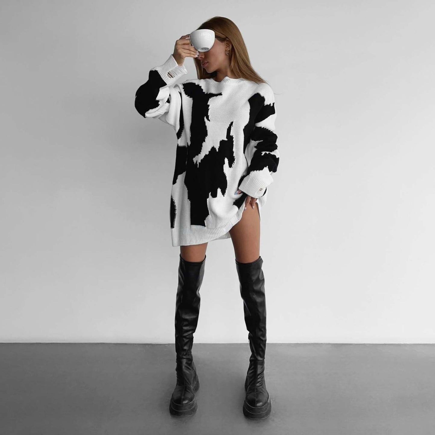 Damen Oversized Pullover Grobgestrickt Grafikdesign Schwarz - Eveloria