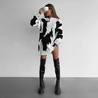 Damen Oversized Pullover Grobgestrickt Grafikdesign Schwarz - Eveloria
