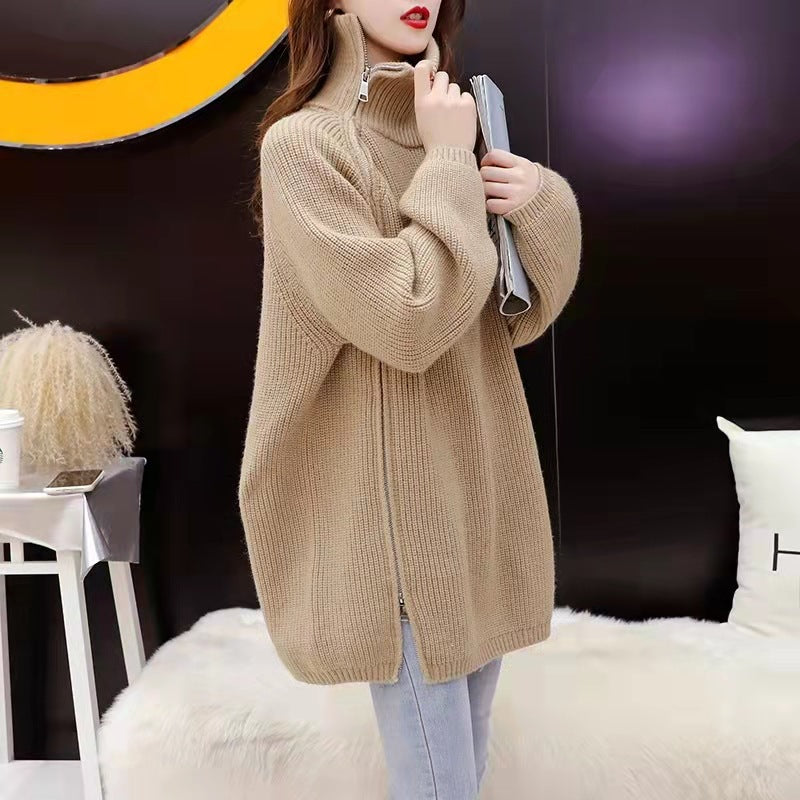 Damen Rollkragenpullover Oversized mit Reißverschluss und Rippenmuster