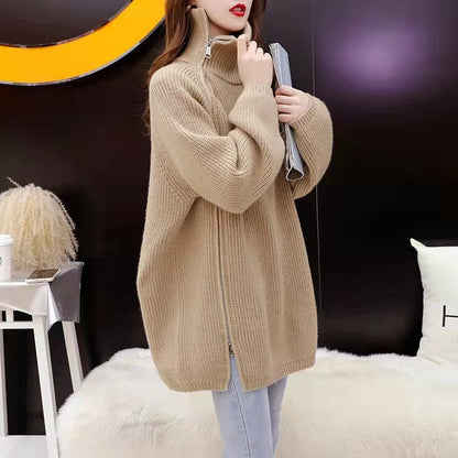 Damen Rollkragenpullover Oversized mit Reißverschluss und Rippenmuster