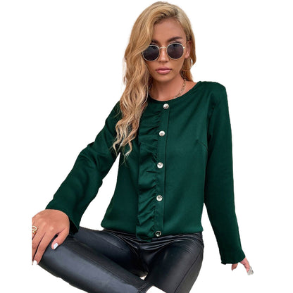Damen Blusenshirt Rüschendetails Knopfverzierung Eveloria