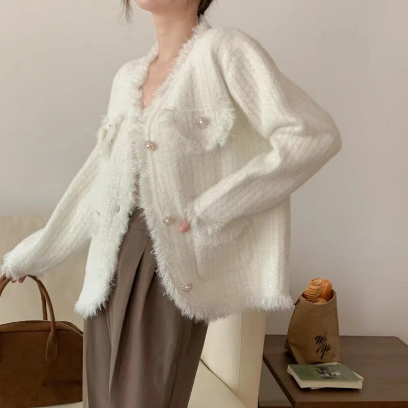 Damen Strickjacke mit Perlen Dekor und Fransen Details