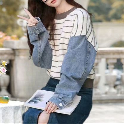 Damen Sweater mit Denim-Ärmeln Blau Eveloria