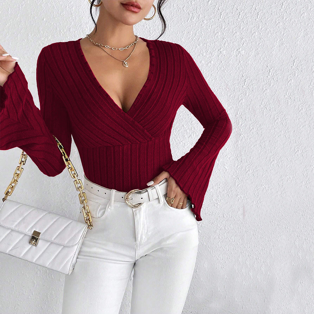 Damen Wickeloberteil Langärmlig Rippdetails Elegant Eveloria