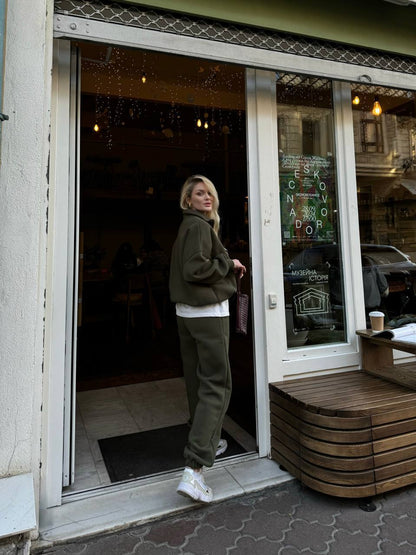 Damen Oversized Hoodie Jogginghose Set Baumwolle Beige