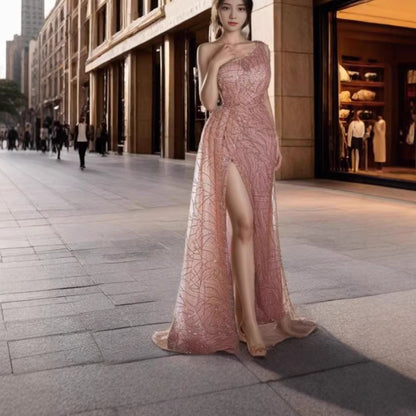 Damen Abendkleid Asymmetrischer Schnitt Glitzernd Eveloria