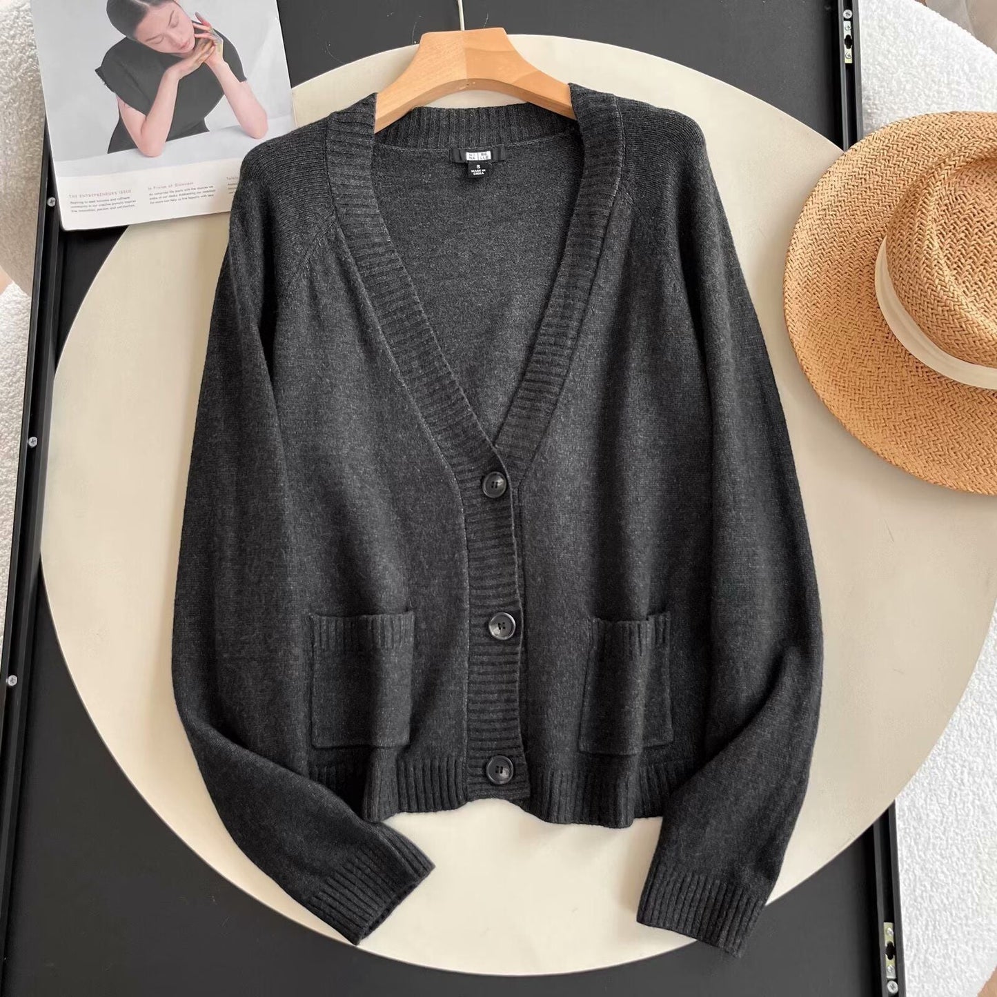 Damen Strickjacke Elegantes Design Praktische Taschen Anthrazit