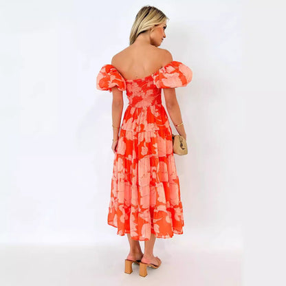 Damen Maxikleid Puffärmel Floralmuster Eveloria