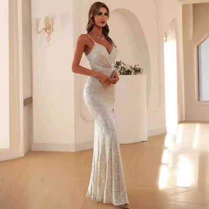 Damen Abendkleid Glitzernd V-Ausschnitt Elegant Eveloria