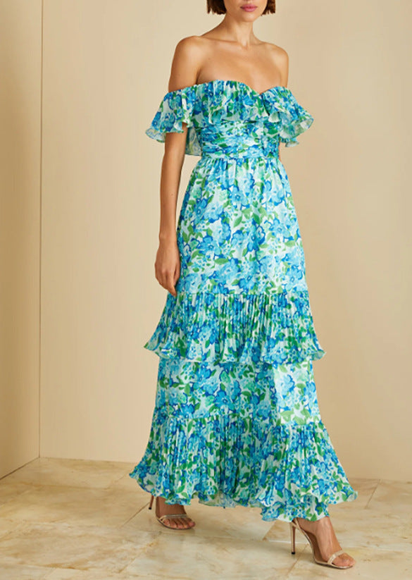 Damen Maxikleid Voluminöse Rüschendetails Floraler Print Eveloria