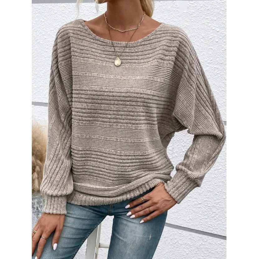 Damen Pullover Strukturiertes Streifenmuster Weite Ärmel Beige