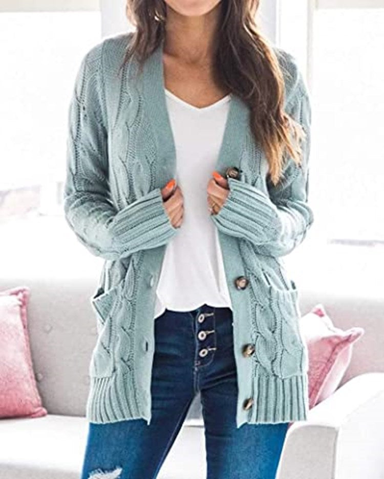 Damen Strickjacke Zopfmuster Praktische Taschen Beige