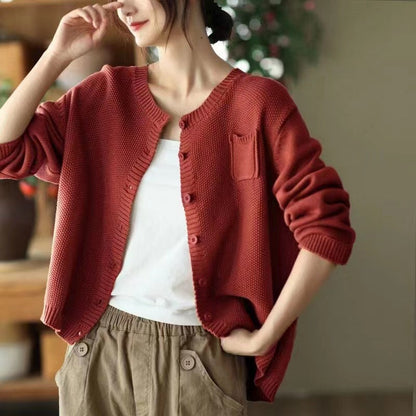 Damen Strickcardigan Leicht Knopfverschluss Taschen Beige