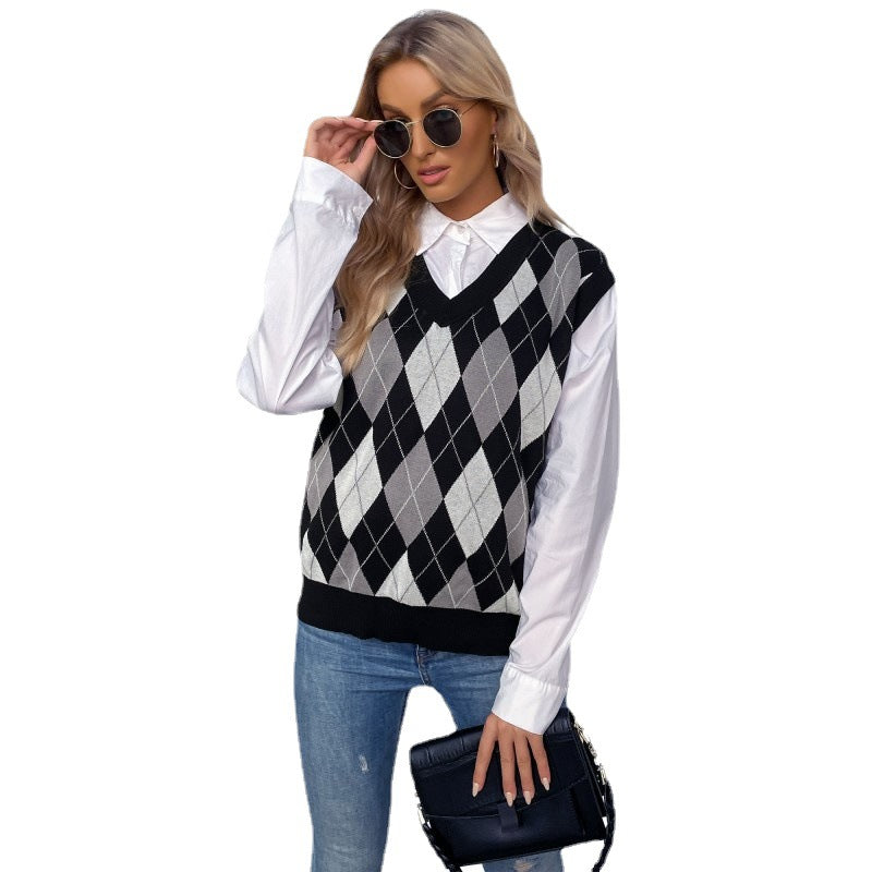 Damen Ärmelloser Pullover Rautenmuster V-Ausschnitt Eveloria
