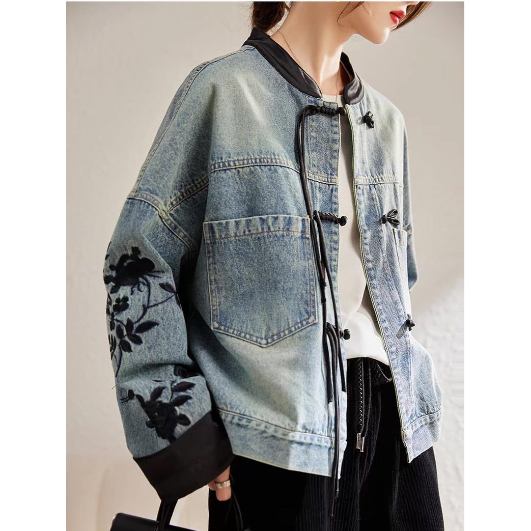 Damen Denimjacke Floral Stickerei Elegant Blau Eveloria