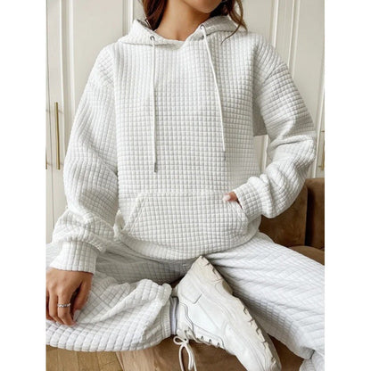 Damen Waffelpullover mit Kapuze und Kängurutasche Grau