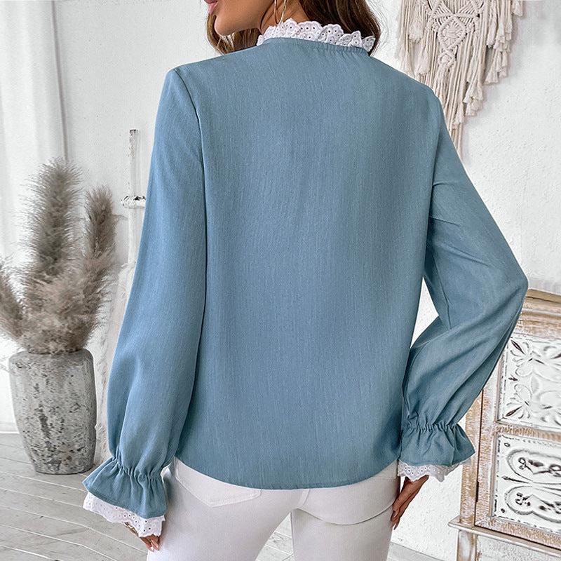 Damen Bluse Rüschen Knopf Detail Eleganz