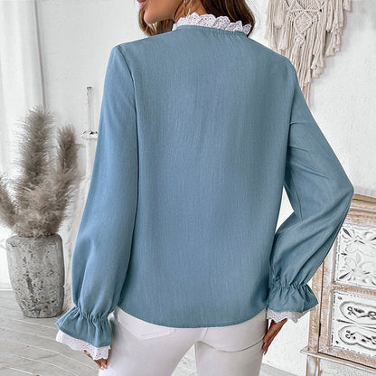 Damen Bluse Rüschen Knopf Detail Eleganz