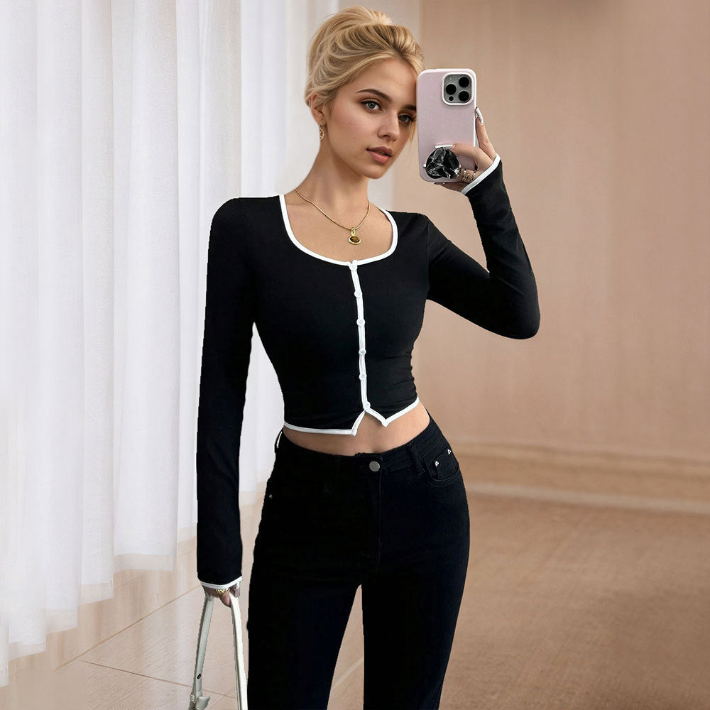 Damen Cropped Langarmshirt Feines Knopfdesign Kontrastierender Saum