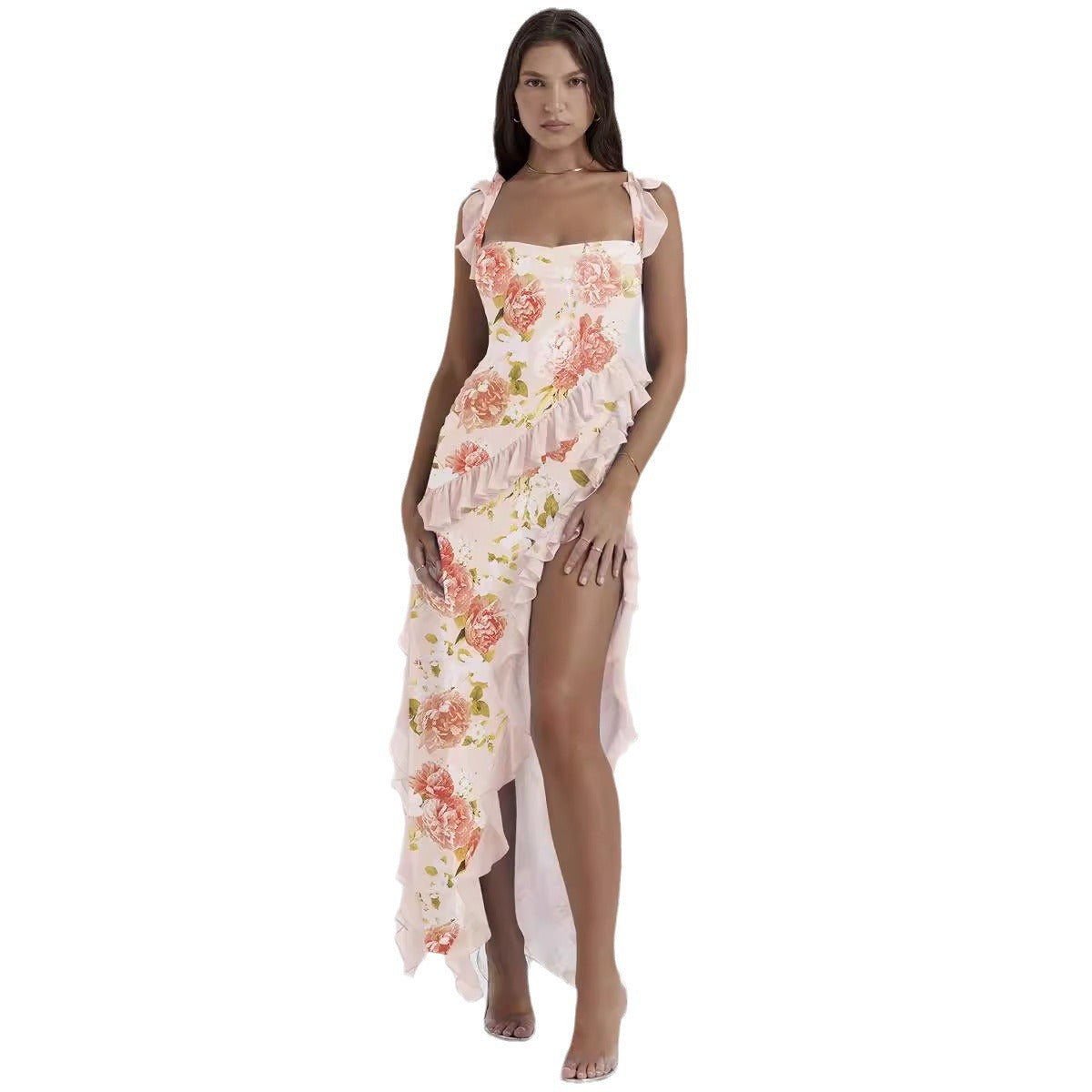 Damen Asymmetrisches Kleid Rüschendetails Floralmuster Eveloria