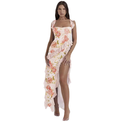 Damen Asymmetrisches Kleid Rüschendetails Floralmuster Eveloria