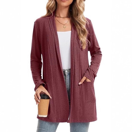 Damen Langarm-Cardigan Offene Front Taschen Beige